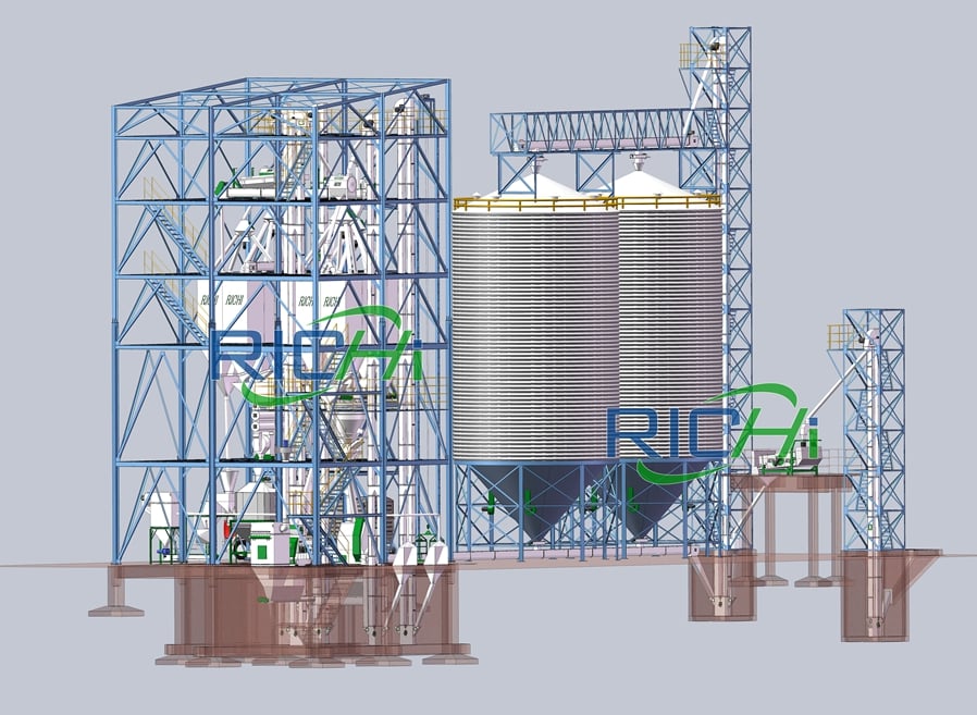 Large fish feed mill plant with silos